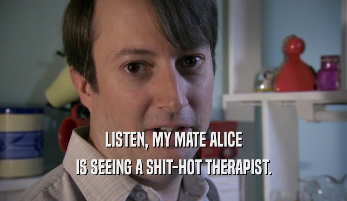 LISTEN, MY MATE ALICE IS SEEING A SHIT-HOT THERAPIST. 