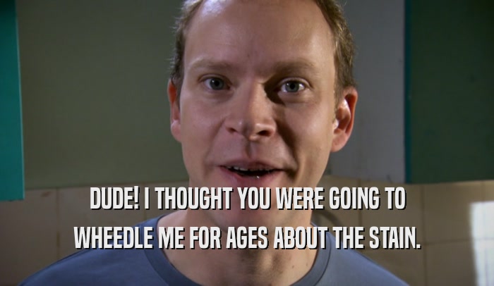 DUDE! I THOUGHT YOU WERE GOING TO WHEEDLE ME FOR AGES ABOUT THE STAIN. 