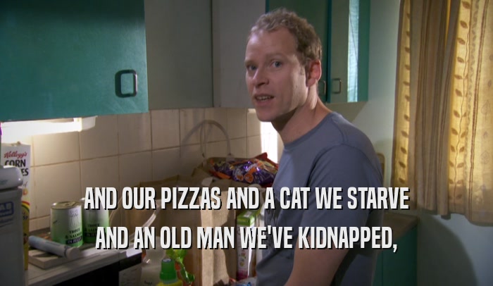 AND OUR PIZZAS AND A CAT WE STARVE AND AN OLD MAN WE'VE KIDNAPPED, 