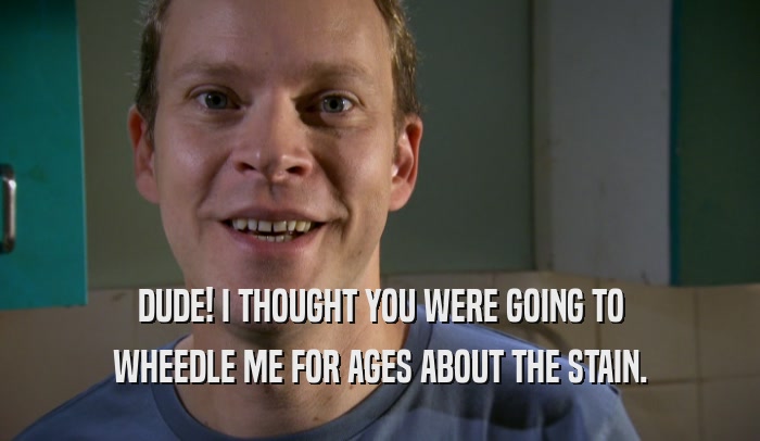 DUDE! I THOUGHT YOU WERE GOING TO WHEEDLE ME FOR AGES ABOUT THE STAIN. 