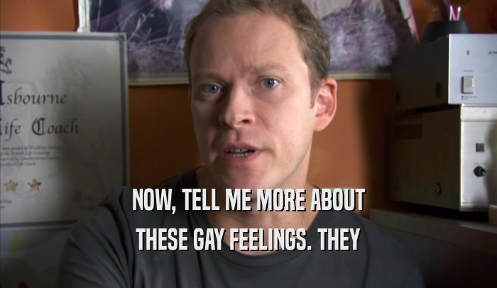 NOW, TELL ME MORE ABOUT THESE GAY FEELINGS. THEY THESE GAY FEELINGS. THEY