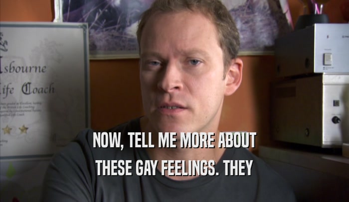 NOW, TELL ME MORE ABOUT THESE GAY FEELINGS. THEY THESE GAY FEELINGS. THEY