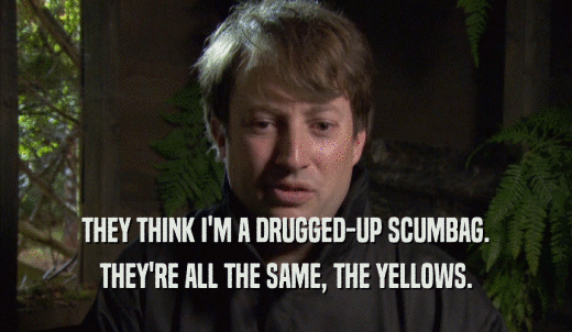 THEY THINK I'M A DRUGGED-UP SCUMBAG. THEY'RE ALL THE SAME, THE YELLOWS. 