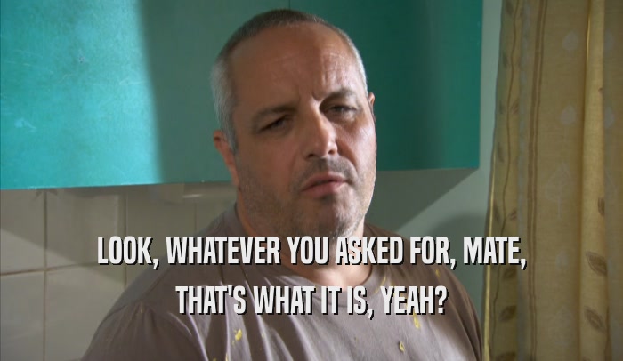 LOOK, WHATEVER YOU ASKED FOR, MATE, THAT'S WHAT IT IS, YEAH? 
