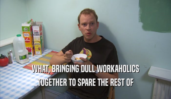 WHAT, BRINGING DULL WORKAHOLICS TOGETHER TO SPARE THE REST OF TOGETHER TO SPARE THE REST OF