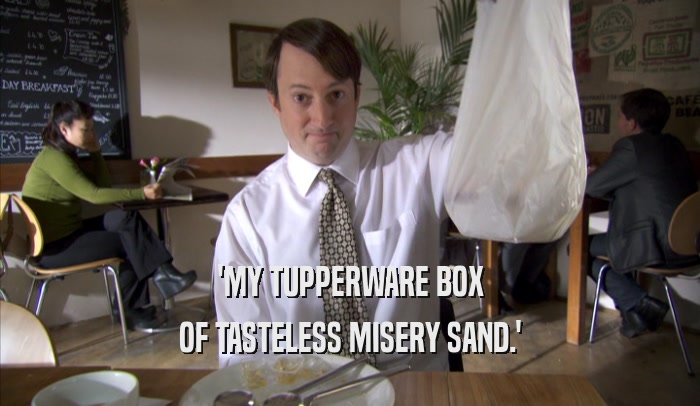'MY TUPPERWARE BOX
 OF TASTELESS MISERY SAND.'
 