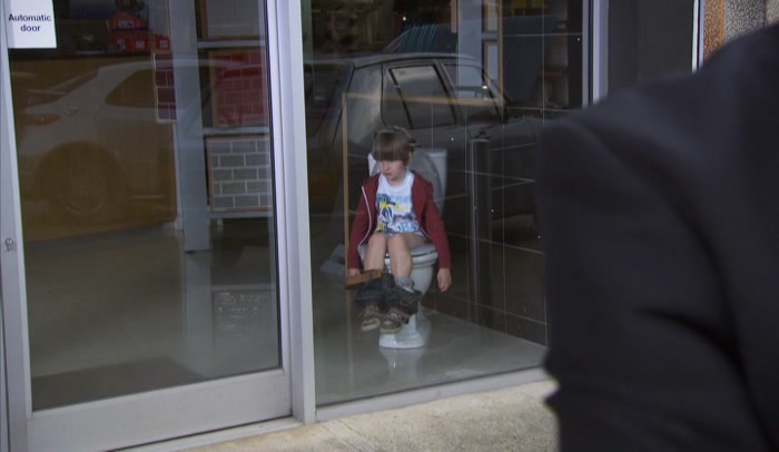 'GREAT, JOSHY'S DOING A POO IN A DISPLAY TOILET. 