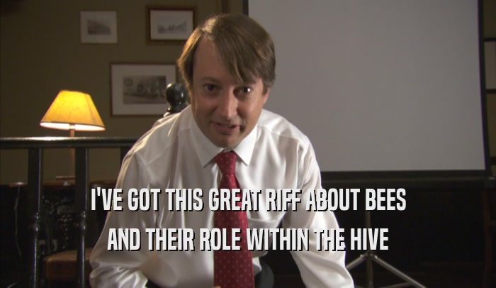 I'VE GOT THIS GREAT RIFF ABOUT BEES AND THEIR ROLE WITHIN THE HIVE 