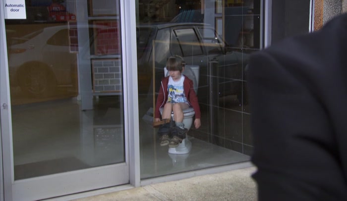 'GREAT, JOSHY'S DOING A POO IN A DISPLAY TOILET. 