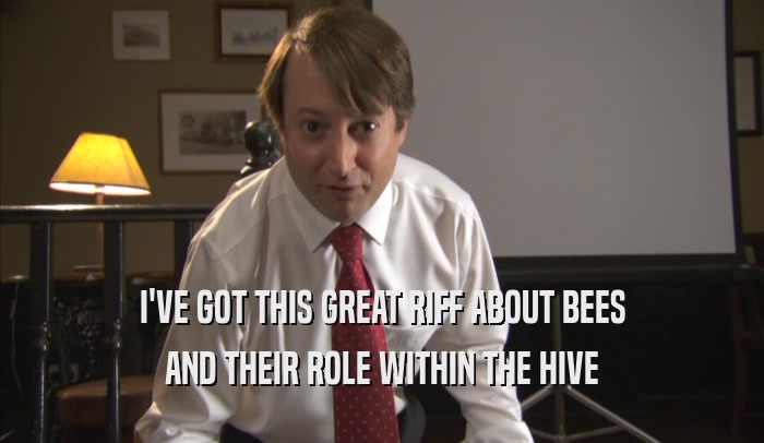 I'VE GOT THIS GREAT RIFF ABOUT BEES AND THEIR ROLE WITHIN THE HIVE 
