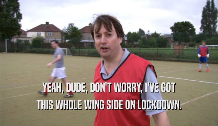 YEAH, DUDE, DON'T WORRY, I'VE GOT THIS WHOLE WING SIDE ON LOCKDOWN. 