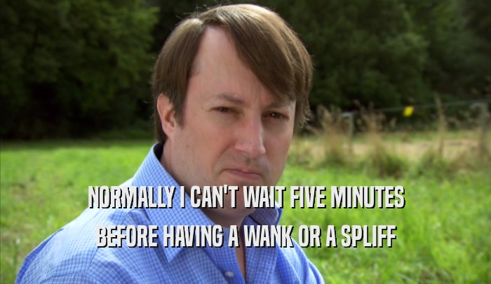 NORMALLY I CAN'T WAIT FIVE MINUTES BEFORE HAVING A WANK OR A SPLIFF BEFORE HAVING A WANK OR A SPLIFF