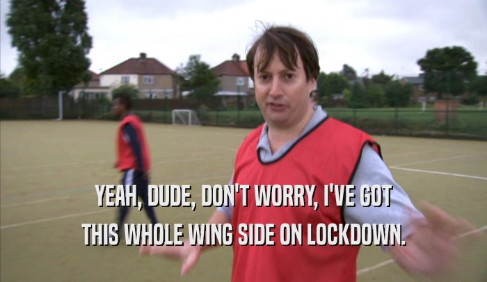 YEAH, DUDE, DON'T WORRY, I'VE GOT THIS WHOLE WING SIDE ON LOCKDOWN. 
