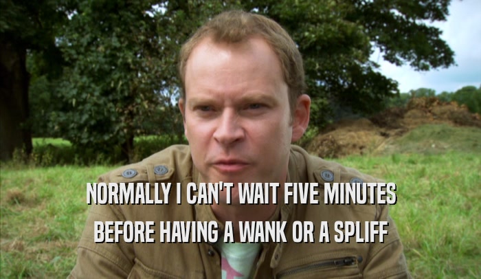 NORMALLY I CAN'T WAIT FIVE MINUTES BEFORE HAVING A WANK OR A SPLIFF BEFORE HAVING A WANK OR A SPLIFF