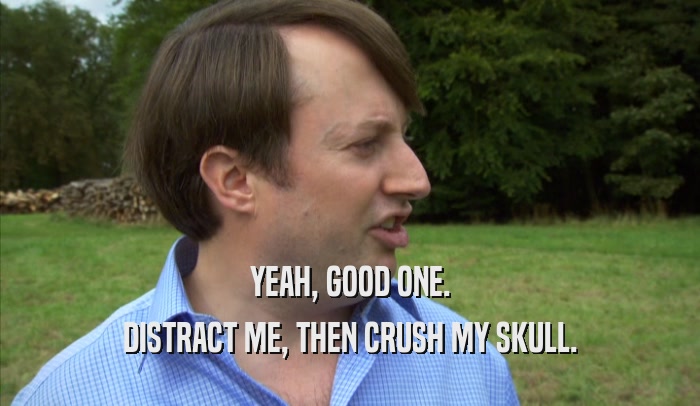 YEAH, GOOD ONE. DISTRACT ME, THEN CRUSH MY SKULL. 