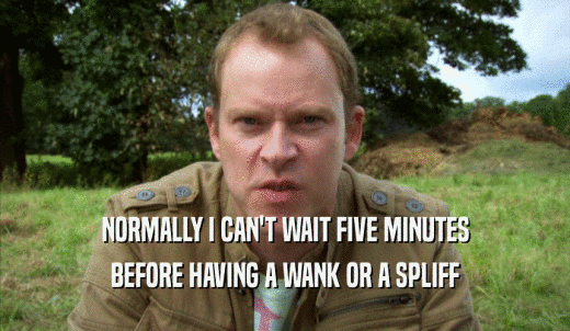 NORMALLY I CAN'T WAIT FIVE MINUTES BEFORE HAVING A WANK OR A SPLIFF BEFORE HAVING A WANK OR A SPLIFF