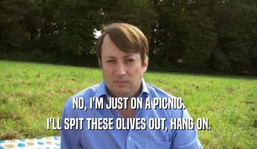 NO, I'M JUST ON A PICNIC. I'LL SPIT THESE OLIVES OUT, HANG ON. 