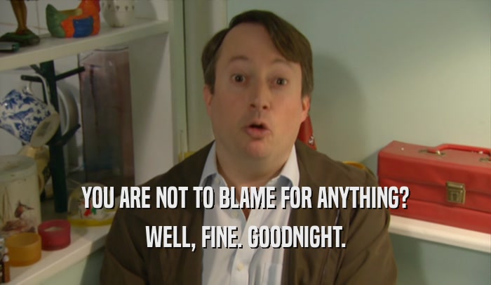 YOU ARE NOT TO BLAME FOR ANYTHING? WELL, FINE. GOODNIGHT. 