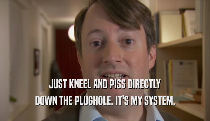 JUST KNEEL AND PISS DIRECTLY DOWN THE PLUGHOLE. IT'S MY SYSTEM. 