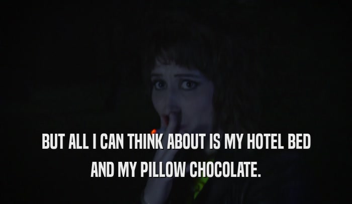 BUT ALL I CAN THINK ABOUT IS MY HOTEL BED AND MY PILLOW CHOCOLATE. 