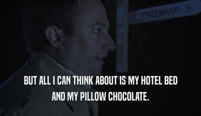 BUT ALL I CAN THINK ABOUT IS MY HOTEL BED AND MY PILLOW CHOCOLATE. 