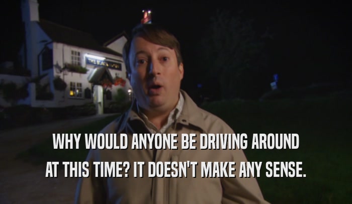 WHY WOULD ANYONE BE DRIVING AROUND AT THIS TIME? IT DOESN'T MAKE ANY SENSE. 