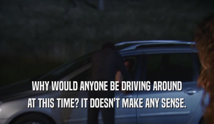 WHY WOULD ANYONE BE DRIVING AROUND AT THIS TIME? IT DOESN'T MAKE ANY SENSE. 