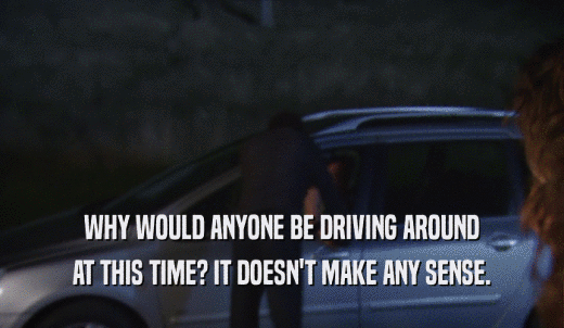 WHY WOULD ANYONE BE DRIVING AROUND AT THIS TIME? IT DOESN'T MAKE ANY SENSE. 