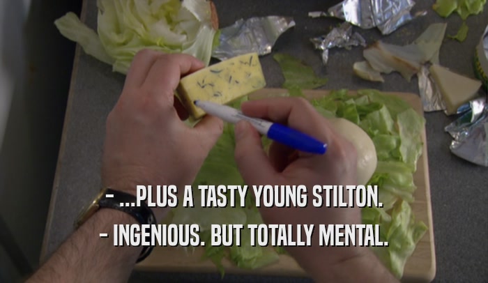 - ...PLUS A TASTY YOUNG STILTON. - INGENIOUS. BUT TOTALLY MENTAL. 