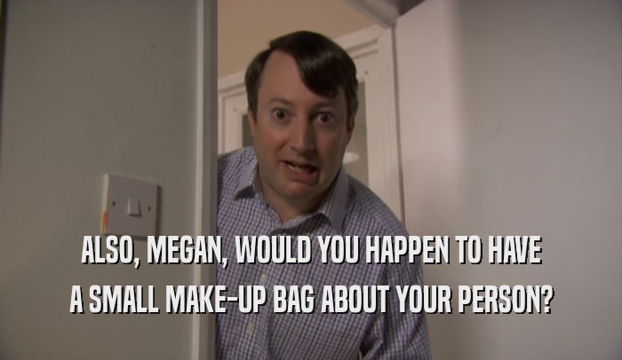 ALSO, MEGAN, WOULD YOU HAPPEN TO HAVE A SMALL MAKE-UP BAG ABOUT YOUR PERSON? 