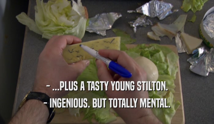 - ...PLUS A TASTY YOUNG STILTON. - INGENIOUS. BUT TOTALLY MENTAL. 