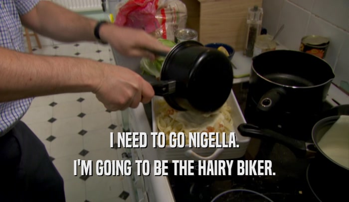 I NEED TO GO NIGELLA. I'M GOING TO BE THE HAIRY BIKER. 
