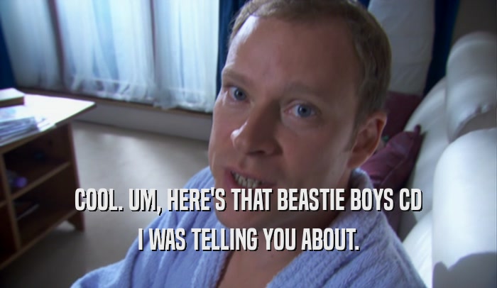 COOL. UM, HERE'S THAT BEASTIE BOYS CD I WAS TELLING YOU ABOUT. 