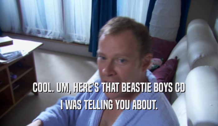 COOL. UM, HERE'S THAT BEASTIE BOYS CD I WAS TELLING YOU ABOUT. 