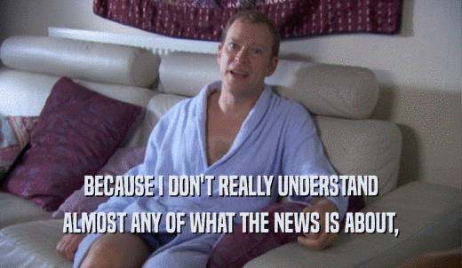 BECAUSE I DON'T REALLY UNDERSTAND ALMOST ANY OF WHAT THE NEWS IS ABOUT, 