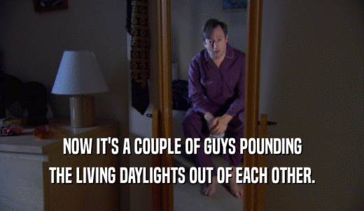 NOW IT'S A COUPLE OF GUYS POUNDING THE LIVING DAYLIGHTS OUT OF EACH OTHER. 