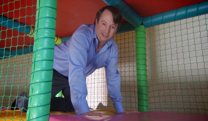 OK, YOU HAVE A LIE DOWN IN THE BALL PIT. I'LL FIND IAN 
