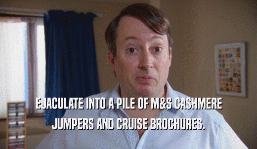 EJACULATE INTO A PILE OF M&S CASHMERE JUMPERS AND CRUISE BROCHURES. 