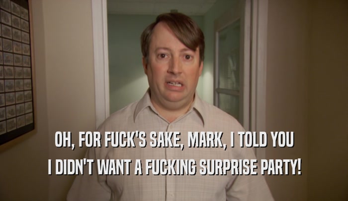 OH, FOR FUCK'S SAKE, MARK, I TOLD YOU I DIDN'T WANT A FUCKING SURPRISE PARTY! 