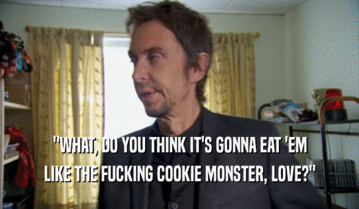 'WHAT, DO YOU THINK IT'S GONNA EAT 'EM LIKE THE FUCKING COOKIE MONSTER, LOVE?' 