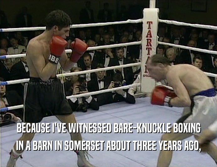 BECAUSE I'VE WITNESSED BARE-KNUCKLE BOXING IN A BARN IN SOMERSET ABOUT THREE YEARS AGO, 