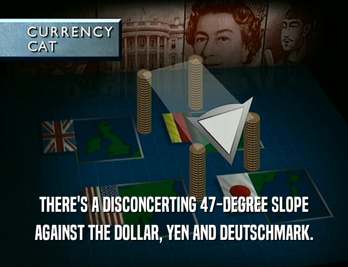 THERE'S A DISCONCERTING 47-DEGREE SLOPE
 AGAINST THE DOLLAR, YEN AND DEUTSCHMARK.
 