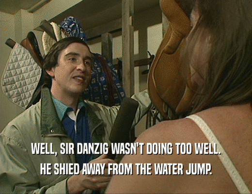 WELL, SIR DANZIG WASN'T DOING TOO WELL.
 HE SHIED AWAY FROM THE WATER JUMP.
 