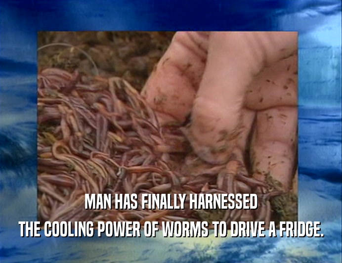 MAN HAS FINALLY HARNESSED
 THE COOLING POWER OF WORMS TO DRIVE A FRIDGE.
 