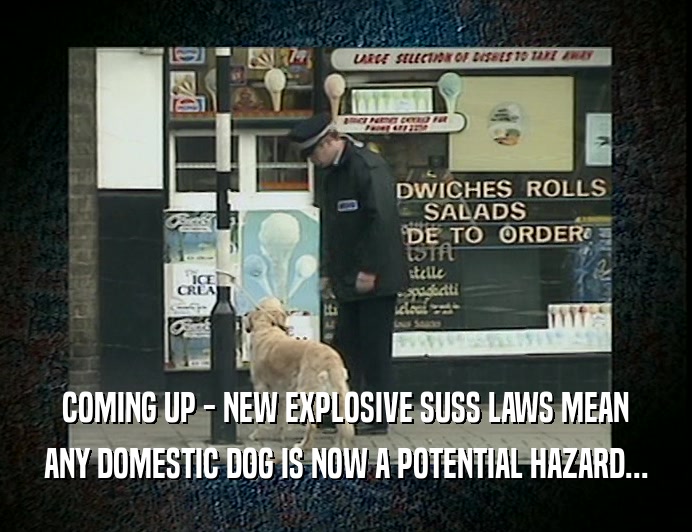 COMING UP - NEW EXPLOSIVE SUSS LAWS MEAN
 ANY DOMESTIC DOG IS NOW A POTENTIAL HAZARD...
 