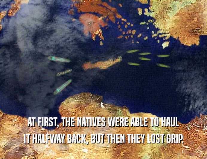 AT FIRST, THE NATIVES WERE ABLE TO HAUL
 IT HALFWAY BACK, BUT THEN THEY LOST GRIP.
 