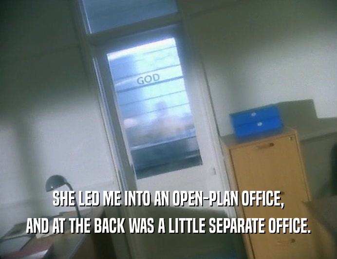 SHE LED ME INTO AN OPEN-PLAN OFFICE, AND AT THE BACK WAS A LITTLE SEPARATE OFFICE. 