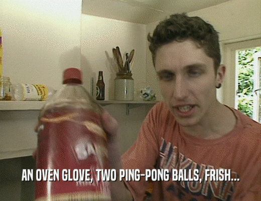 AN OVEN GLOVE, TWO PING-PONG BALLS, FRISH...
  