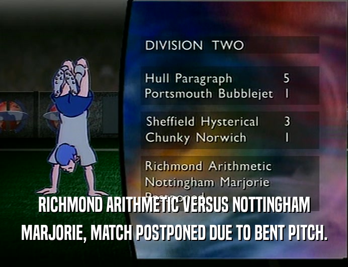 RICHMOND ARITHMETIC VERSUS NOTTINGHAM MARJORIE, MATCH POSTPONED DUE TO BENT PITCH. 
