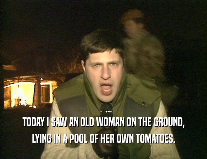 TODAY I SAW AN OLD WOMAN ON THE GROUND, LYING IN A POOL OF HER OWN TOMATOES. 